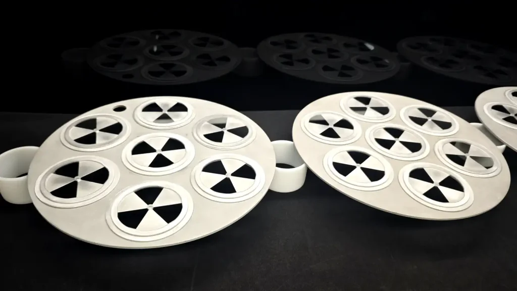 Custom-shaped coated components arranged on a dark surface.