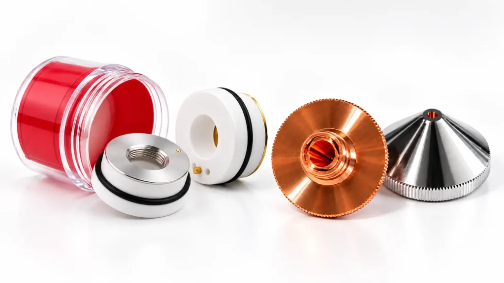Fiber laser cutting consumables including ceramic rings and precision cutting nozzles.
